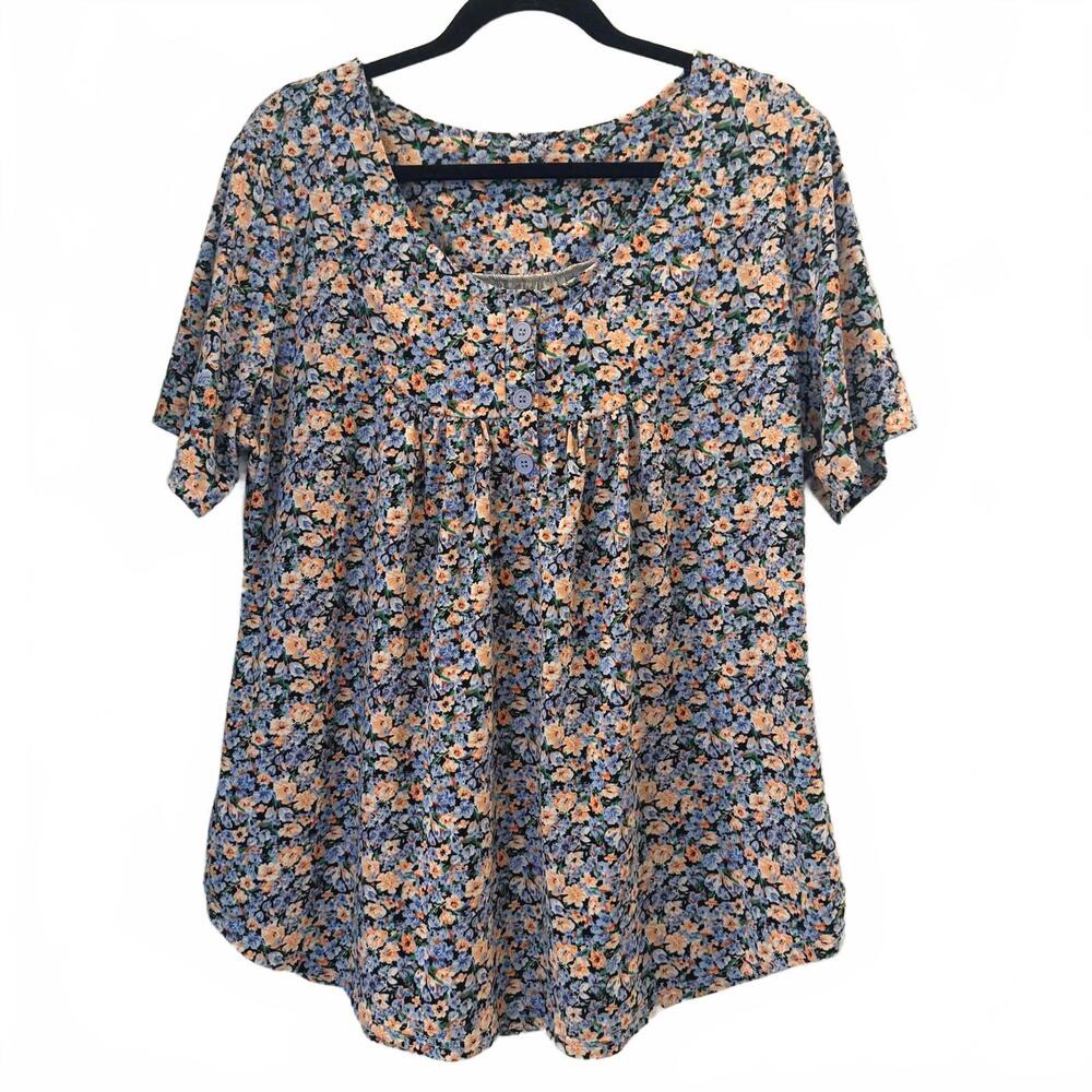 Floral Babydoll Blouse Women’s Approx 2X Blue Peach Short Sleeve Top